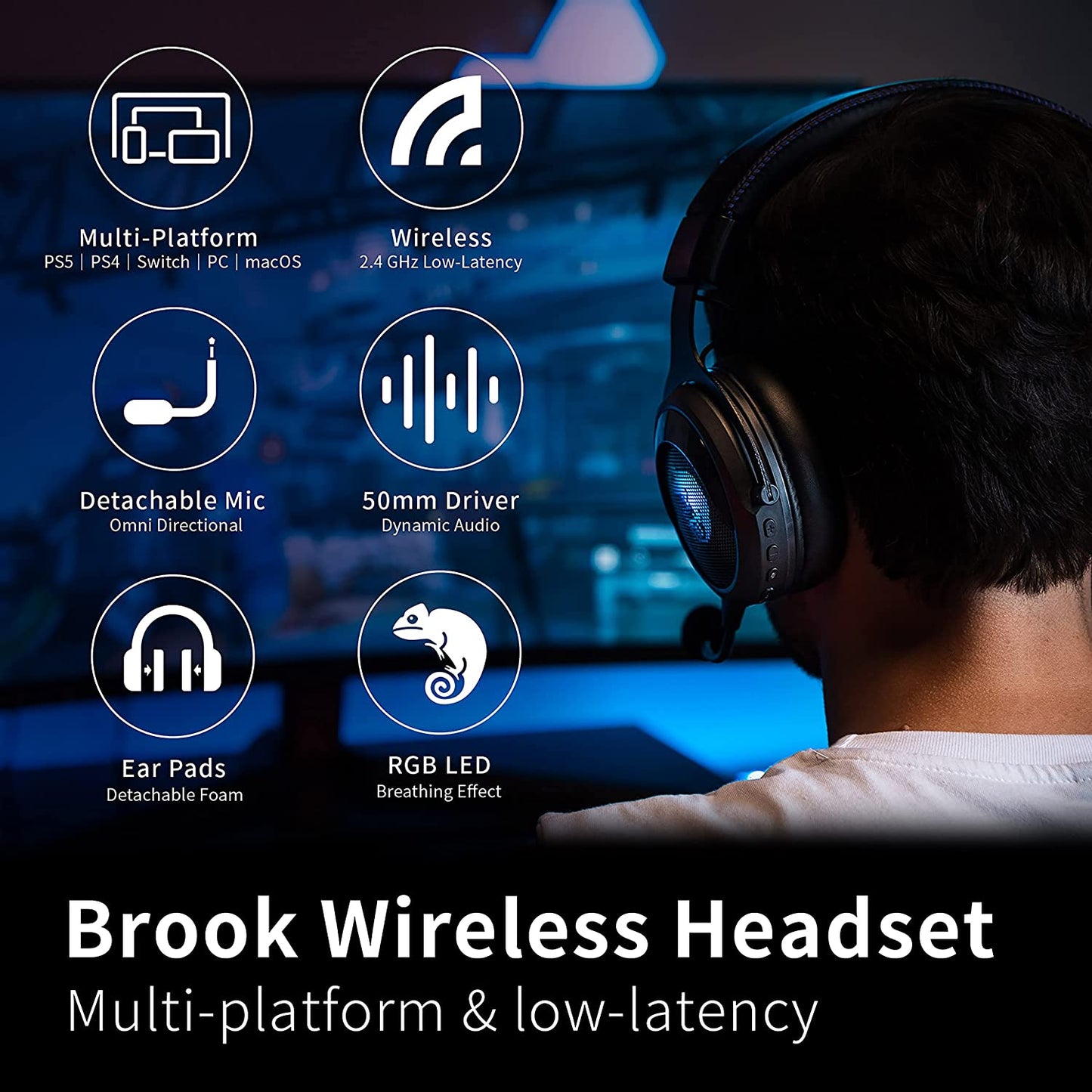 Brook ワイヤレスヘッドセット 2.4 GHz超低遅延 3.5mm有線モード PS5／PS4／Switch／ PC／MAC OS 対応